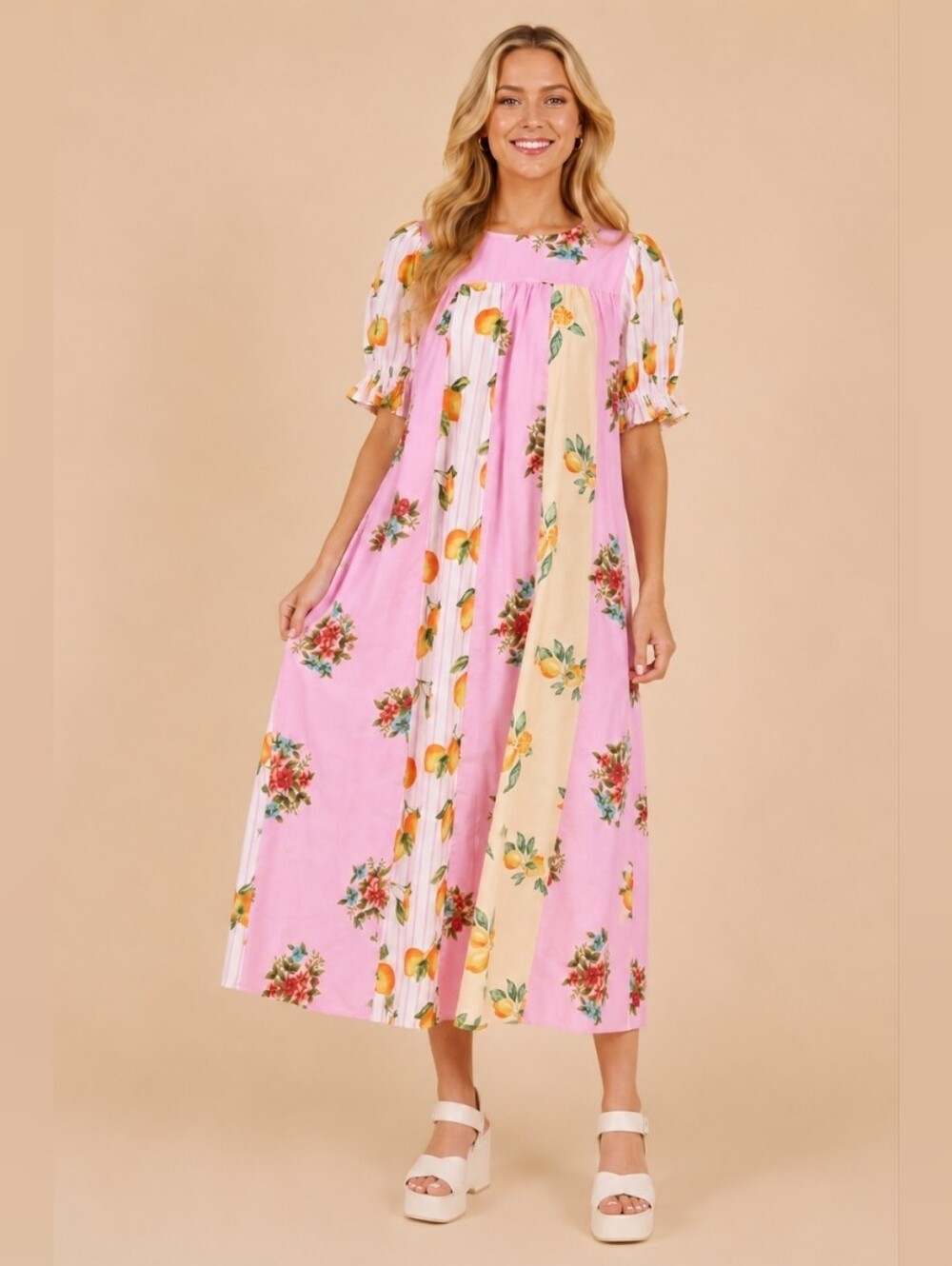 NWT Vintage Inspired Strip Lemon Floral Patchwork Midi Dress S/M/L